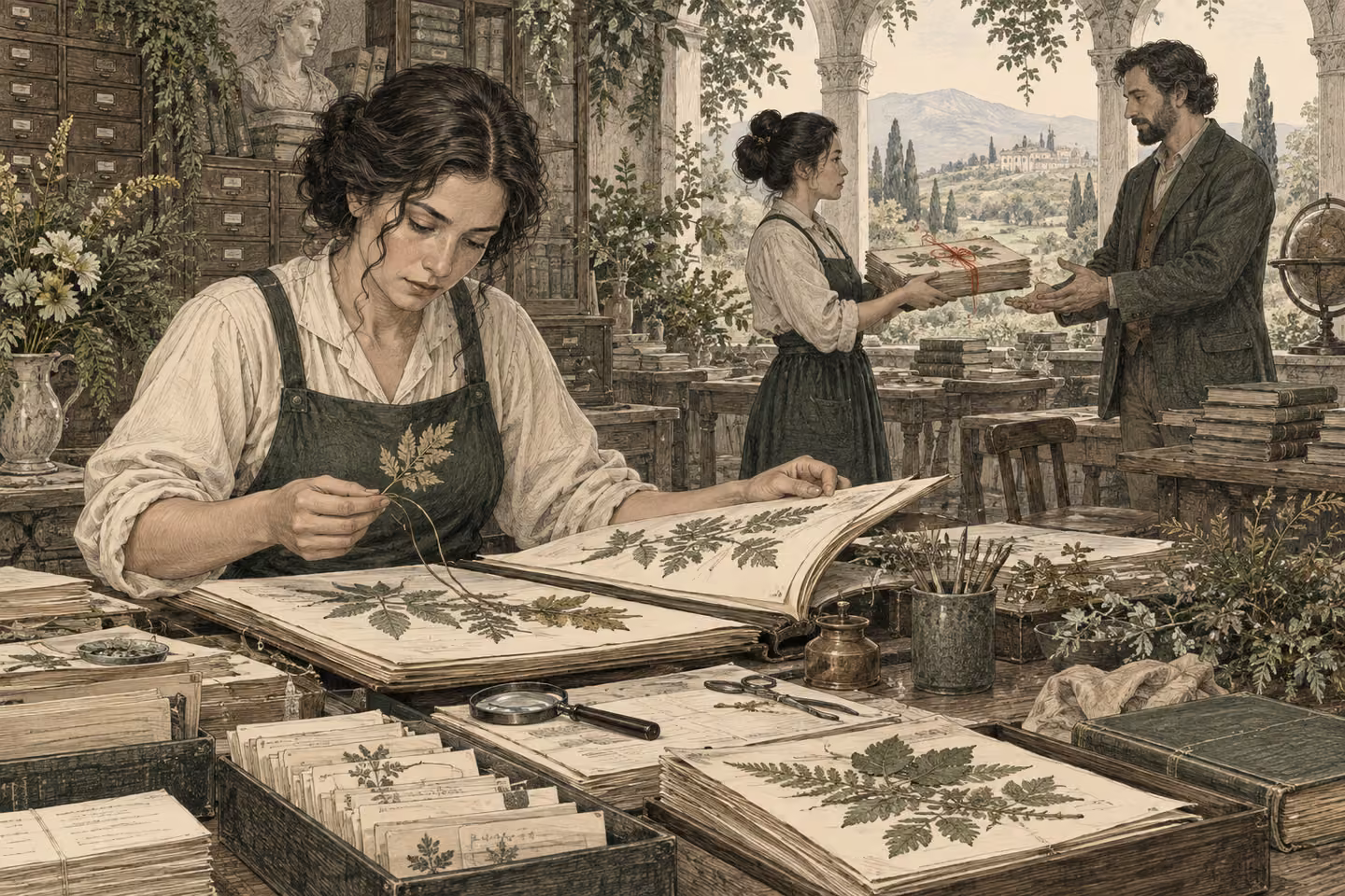 A specialist selects evidence from an archive while an assistant carries a vetted folio to a colleague