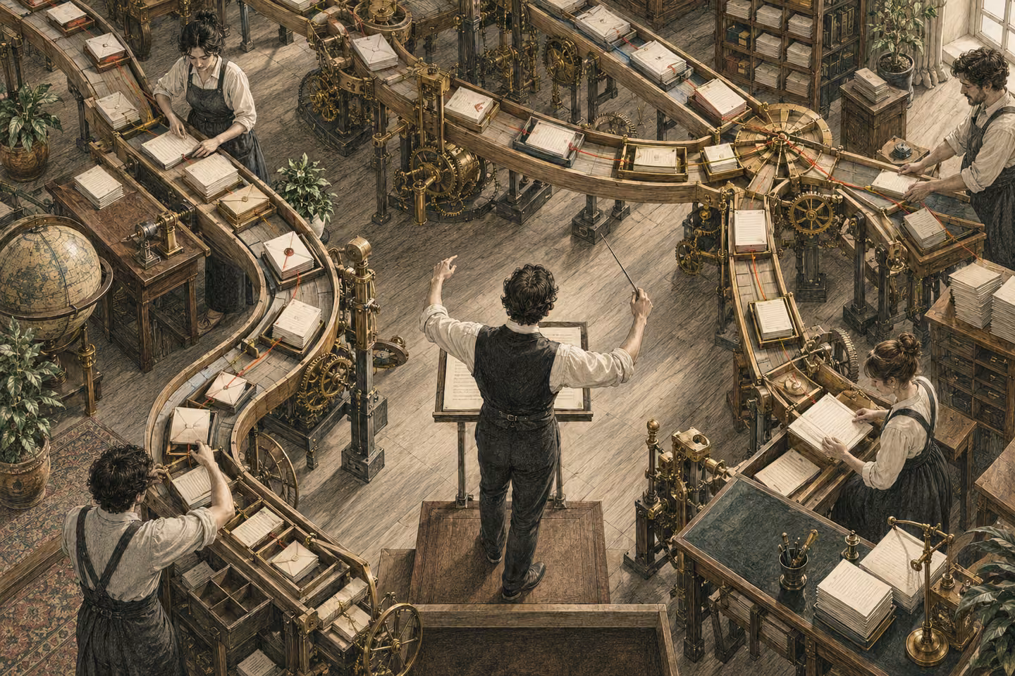 A human conductor coordinates workshop mechanisms that carry documents through the work