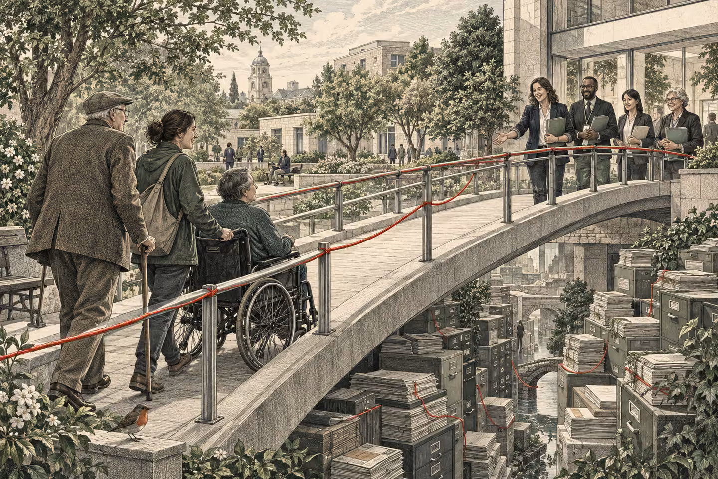 Residents and public-service staff meet across a bridge connecting fragmented records