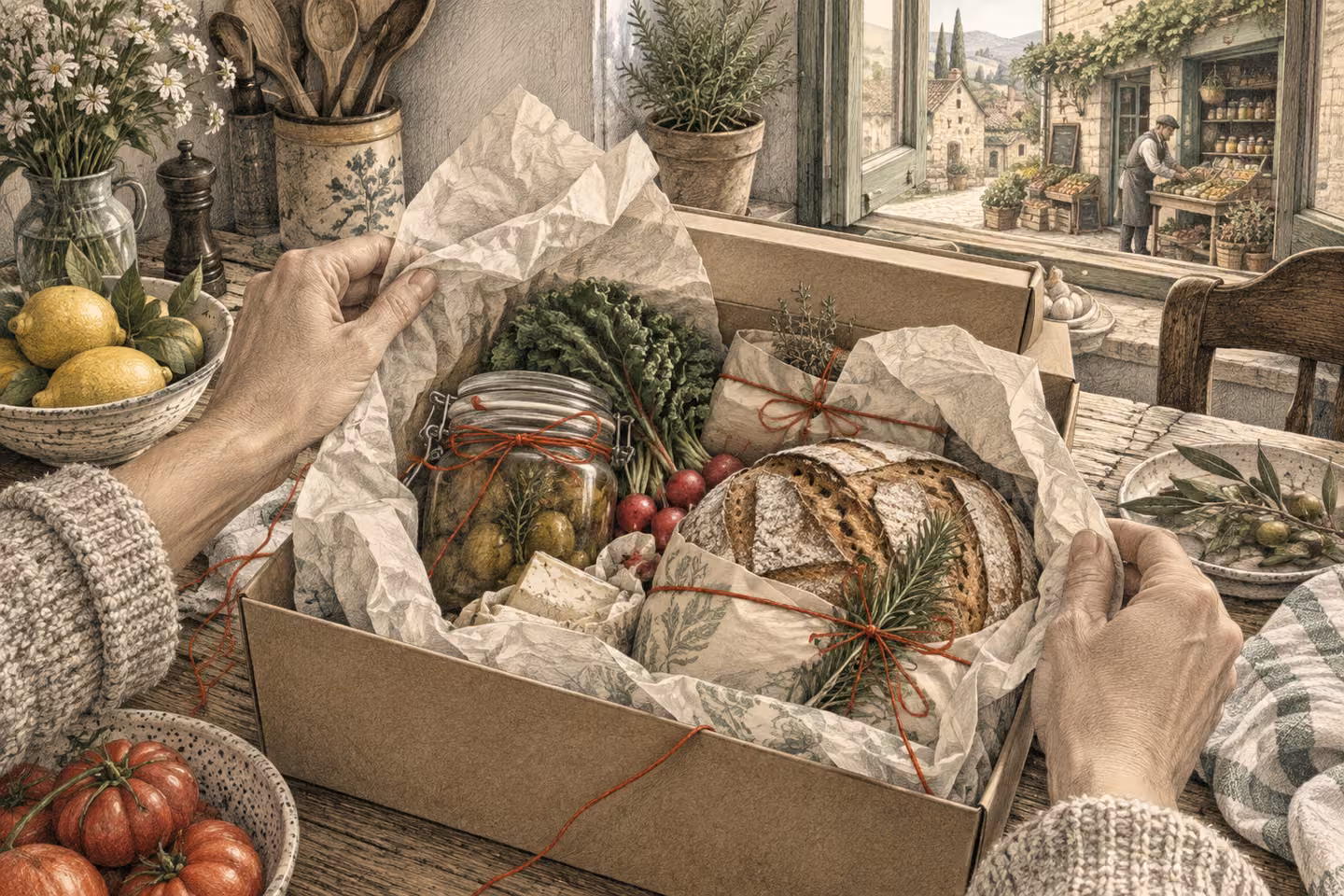 Hands open a carefully packed delivery while a merchant works in the distance