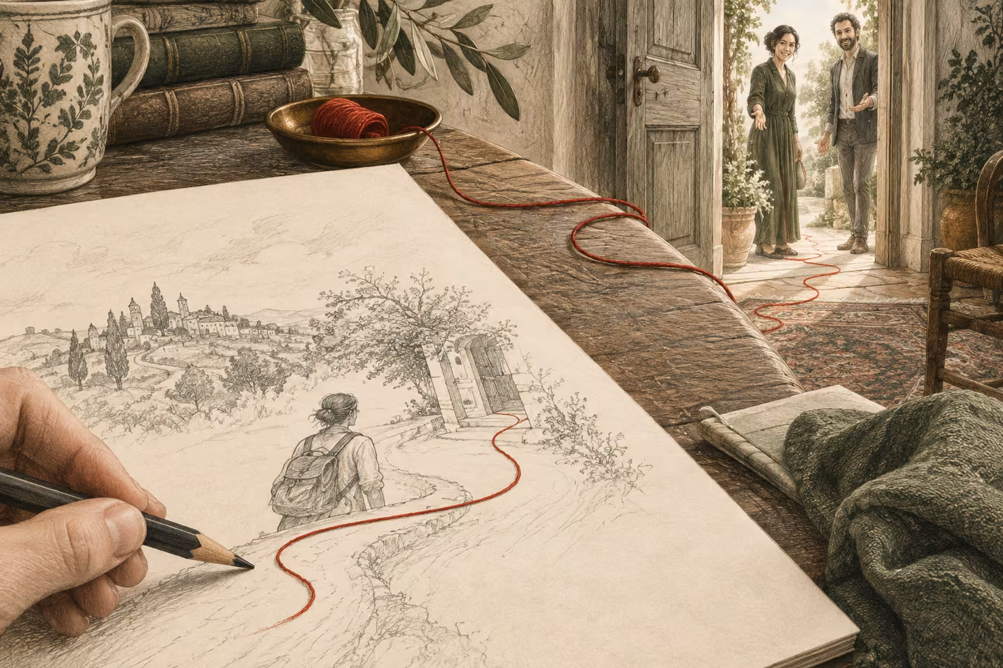 A rough tabletop sketch becomes a red-thread path toward an open door and a welcoming conversation