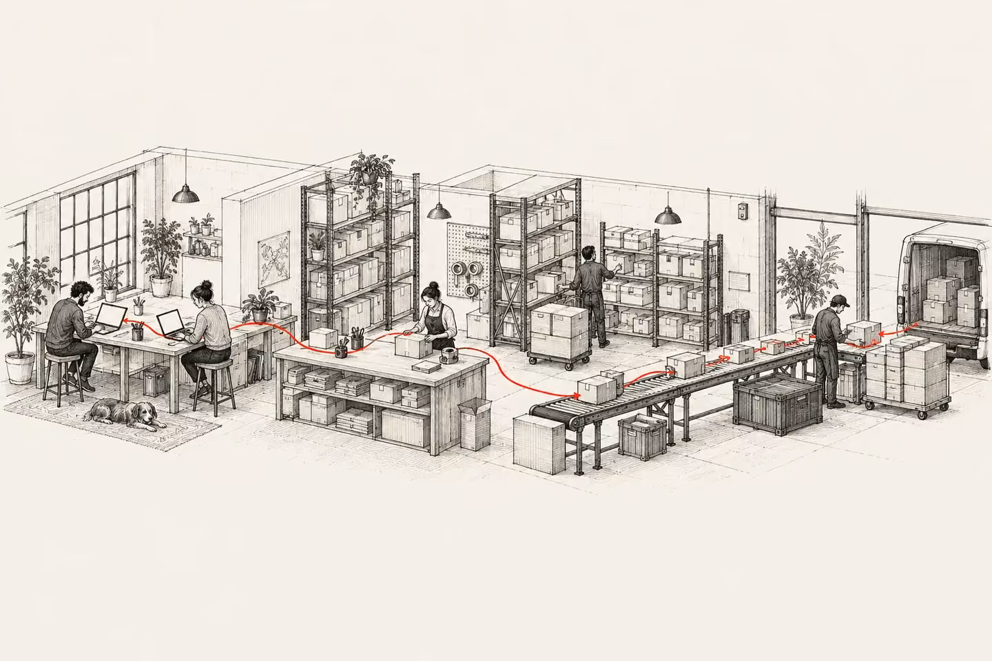 Engineers and operators inside a connected fulfillment business, joined by a red thread