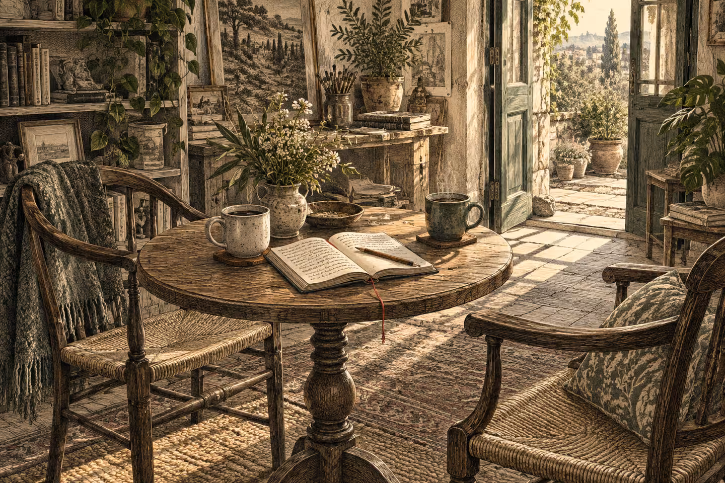 Two welcoming chairs around a sunlit table with a rough notebook and coffee