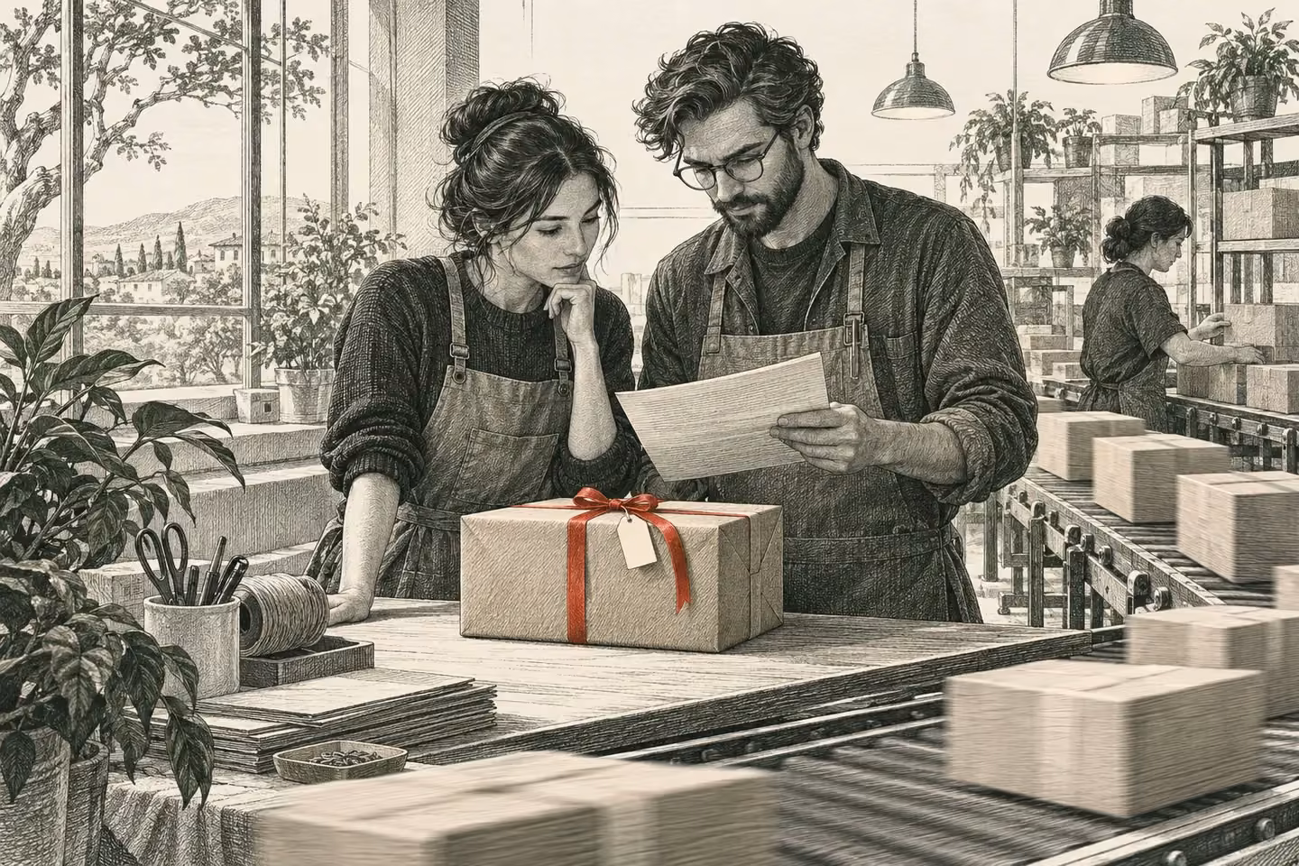 An engineer and an operator resolve a parcel exception beside a working packing line