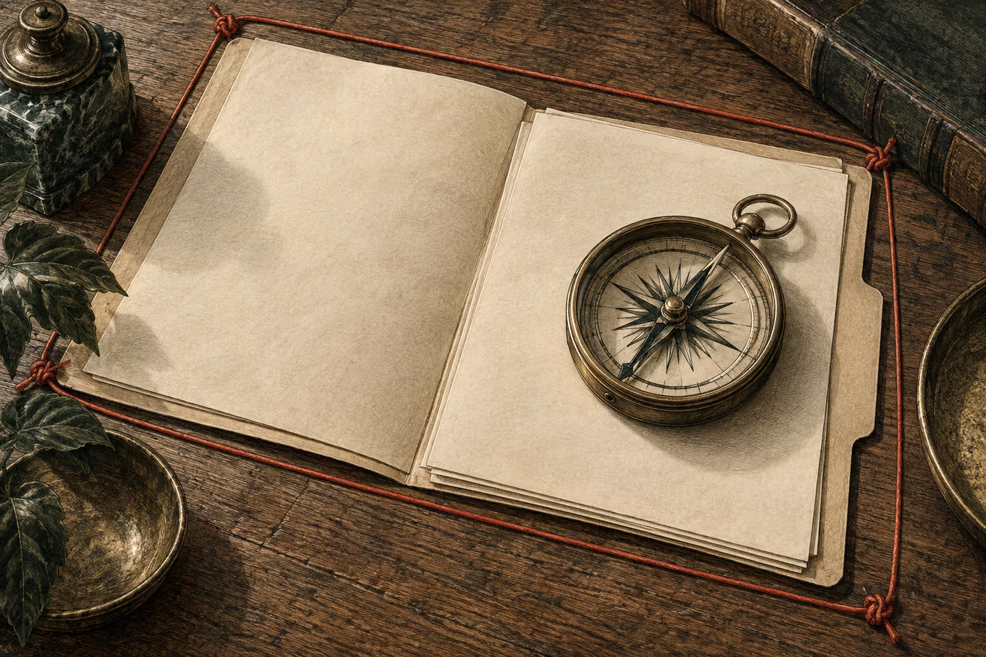 A brass compass rests on an open task folder bounded by a red thread