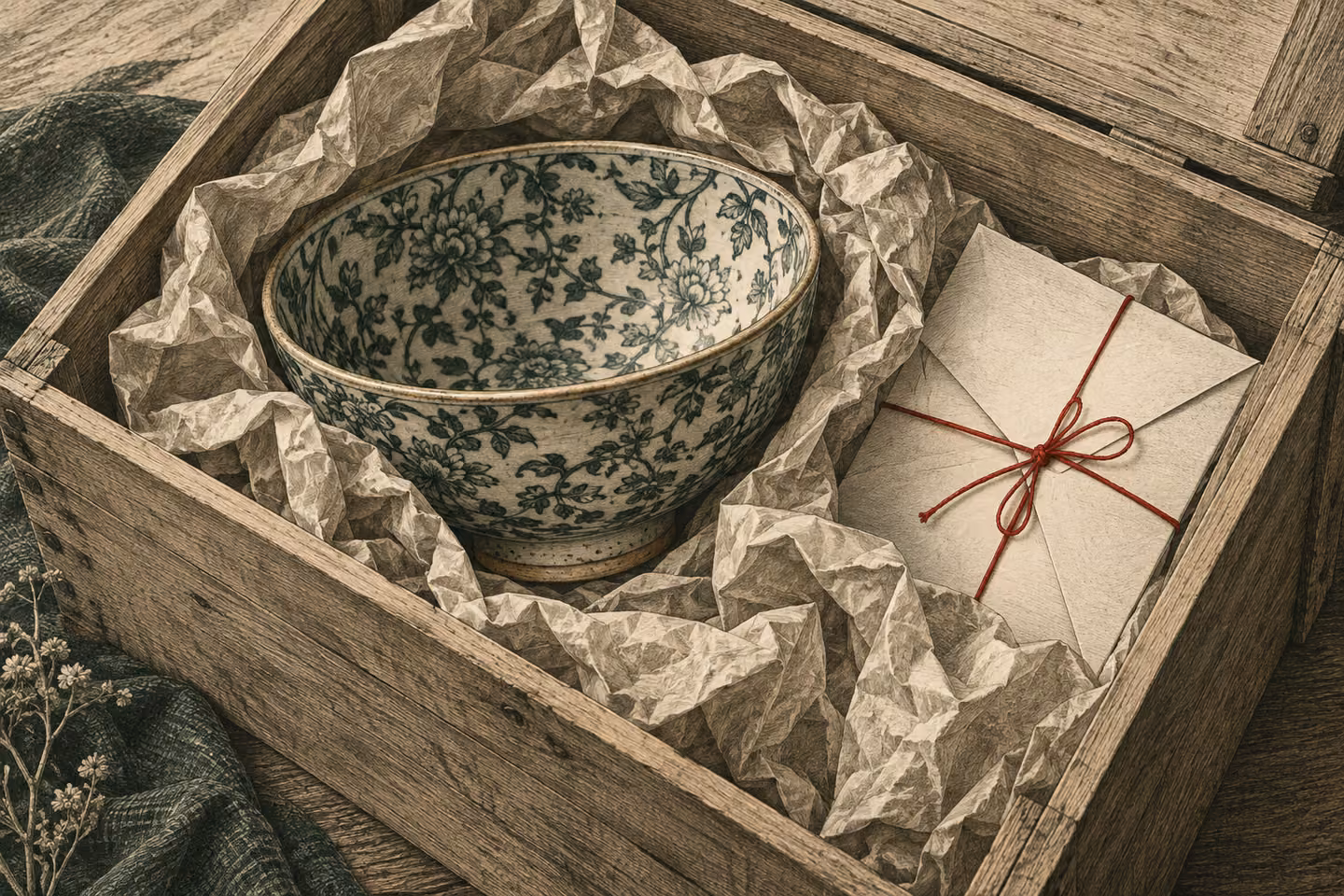 An open delivery crate protects a ceramic bowl alongside a return envelope