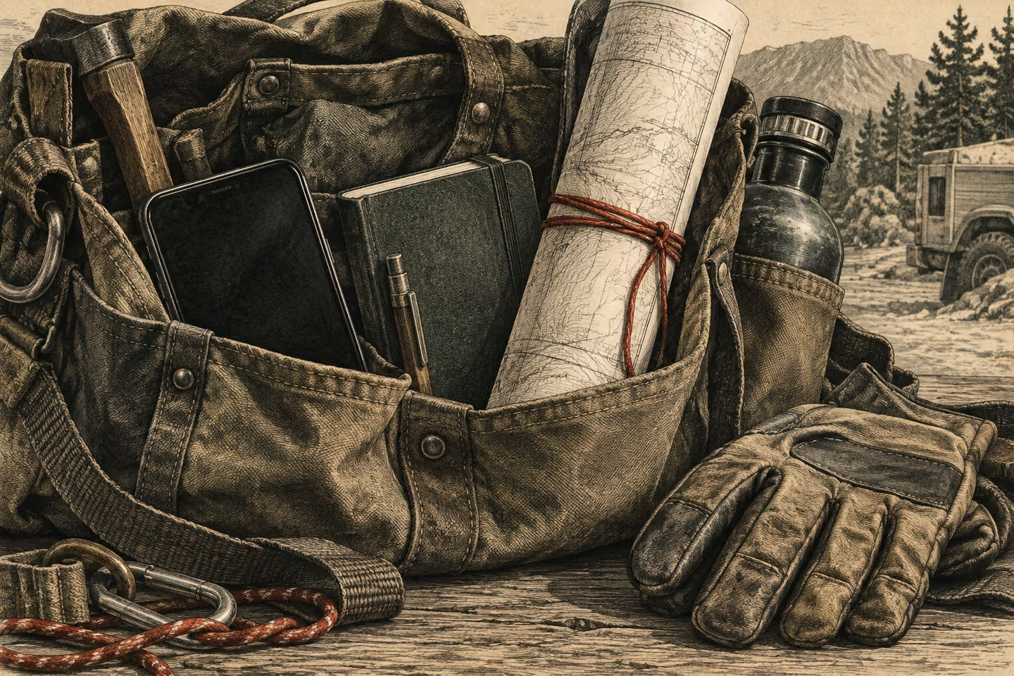 A phone, field notebook and rolled service plan sit beside a worn tool bag