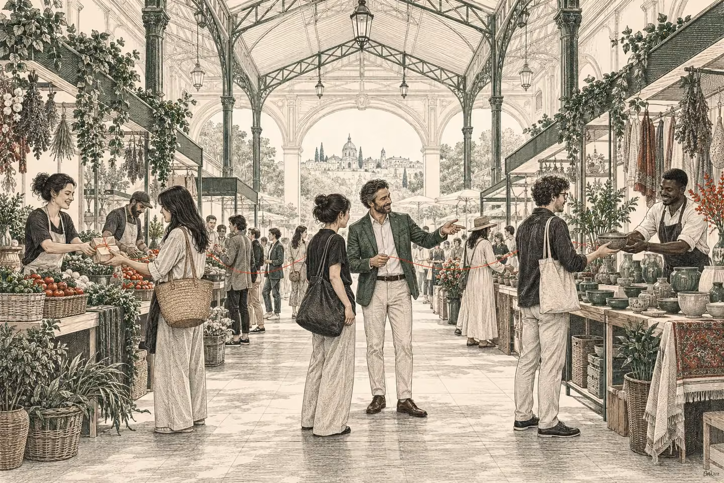 Independent vendors and customers meet in an open exchange pavilion
