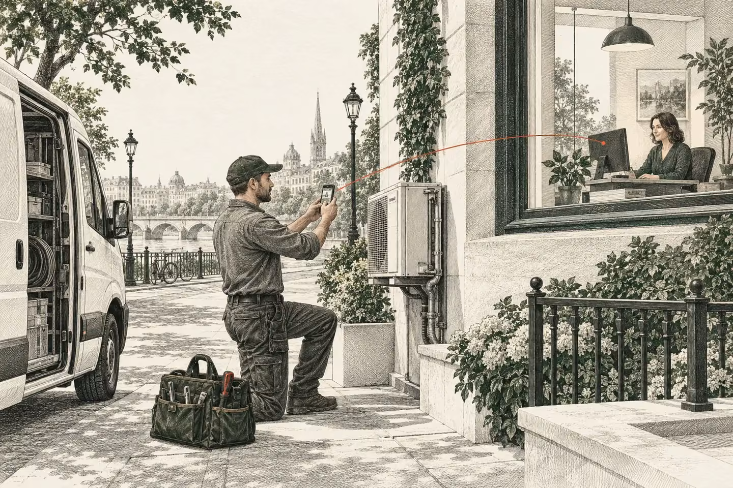 A field professional records completed work on a phone, connected to a dispatcher