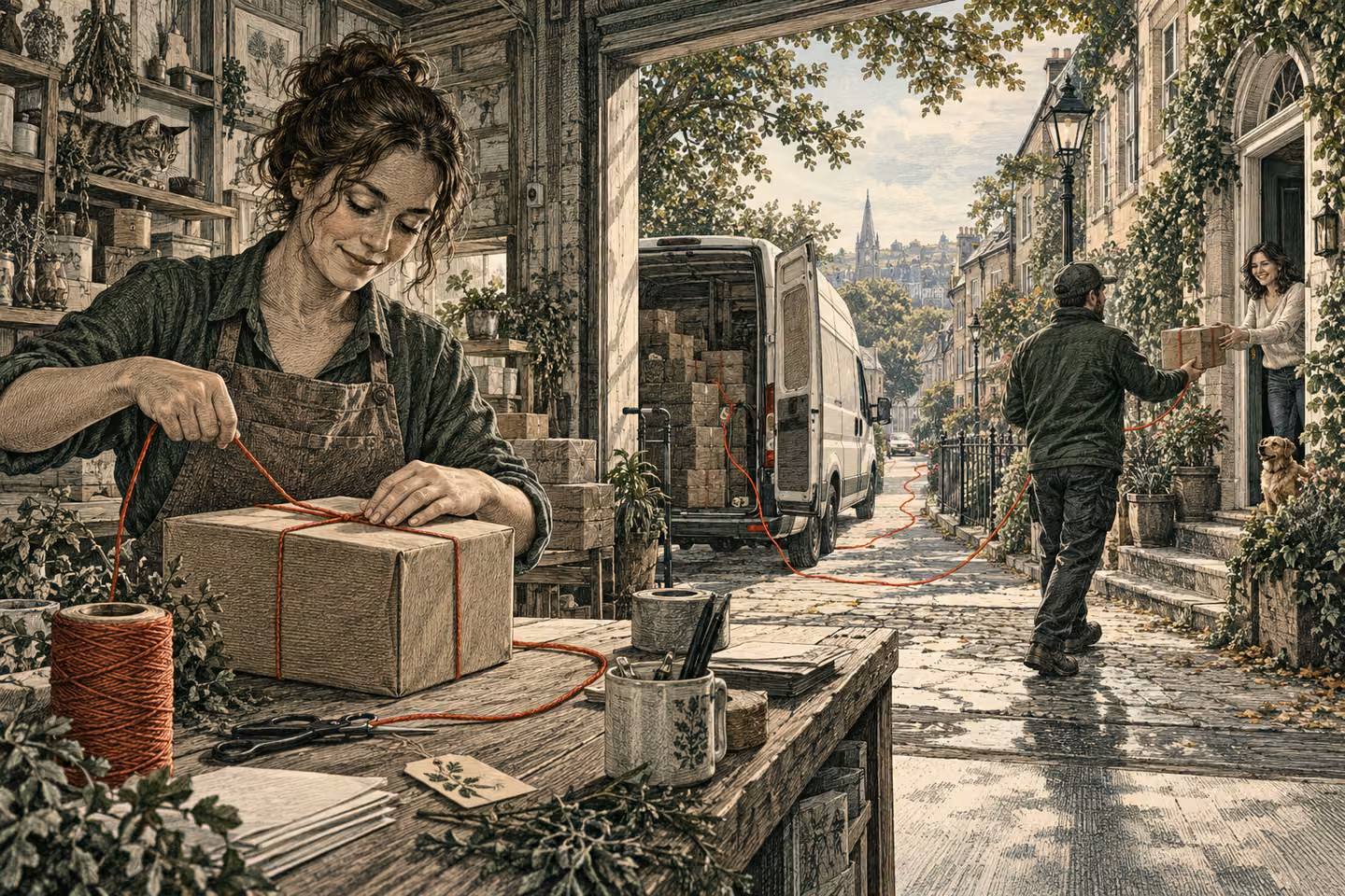 A packing table, delivery van and opening front door connect the work beyond checkout