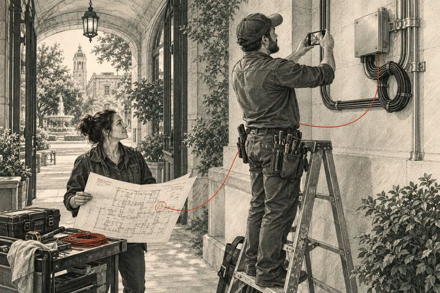 A field technician records a completed repair while a dispatcher works from the same plan