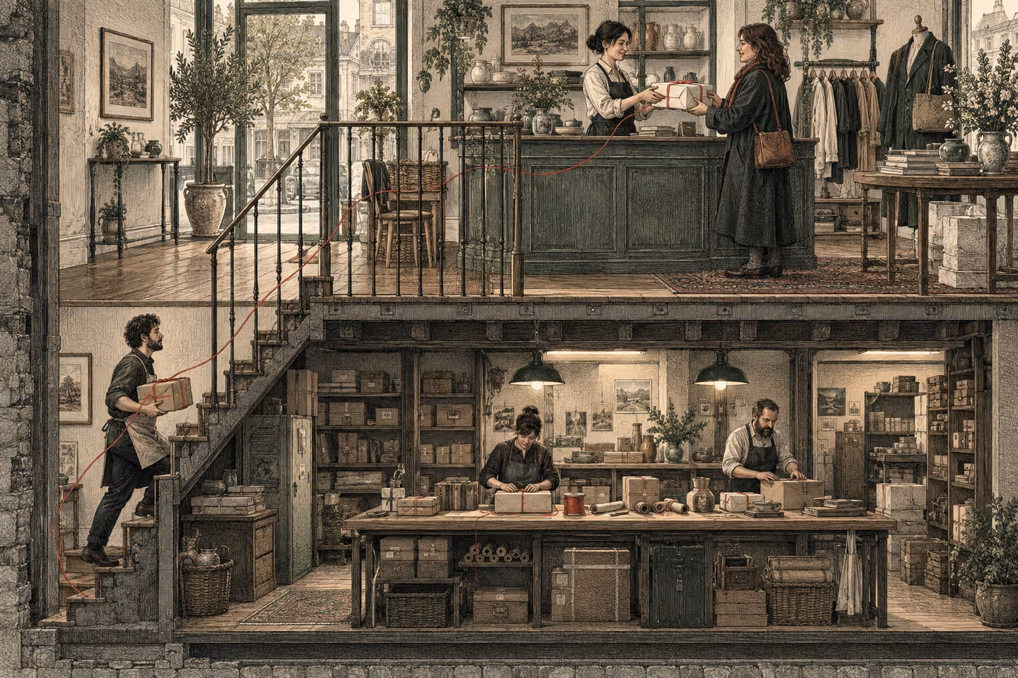 A boutique customer and a packing team work within one connected cutaway
