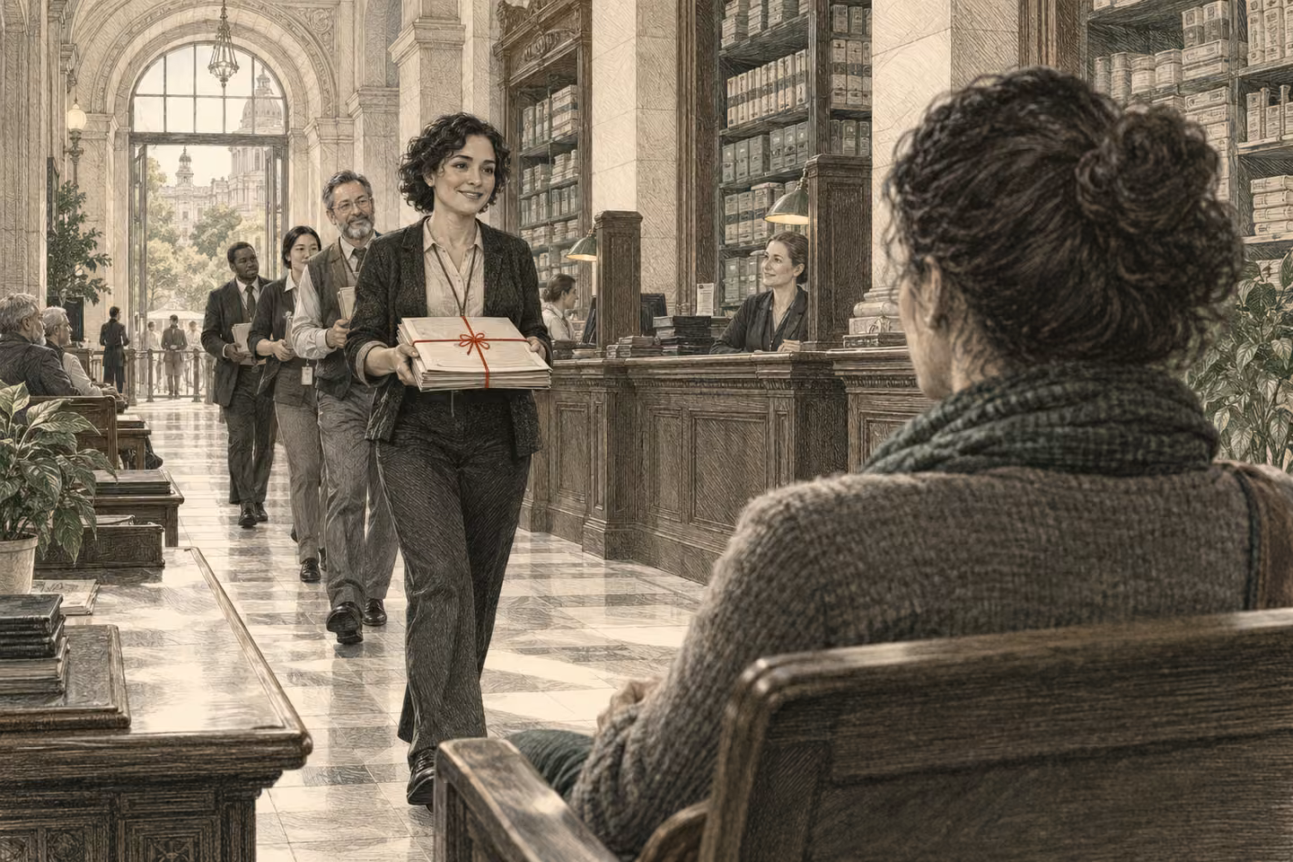 A staff member carries a coherent folder through connected public-service counters