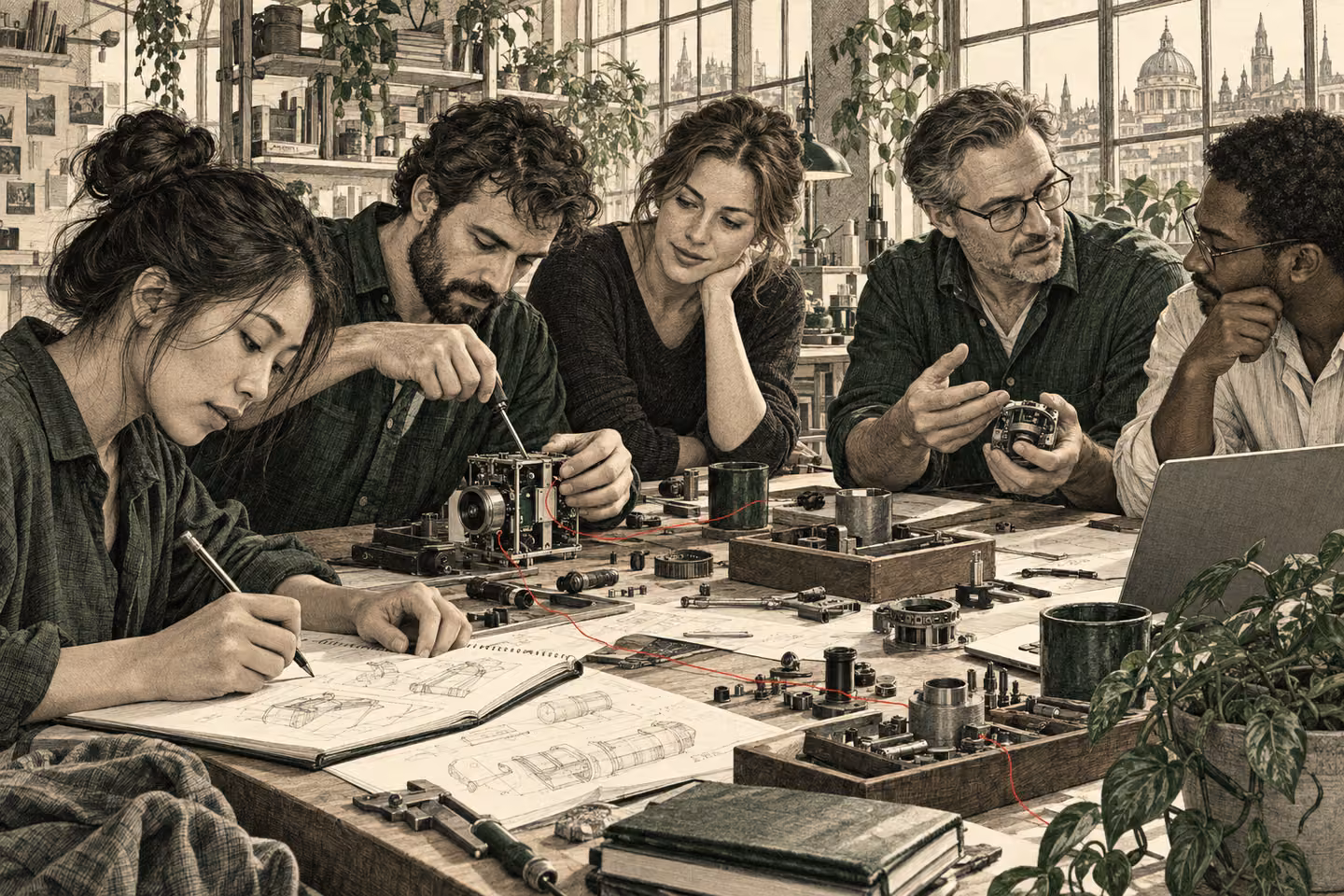Engineers, a founder and a client work together on a prototype at a long workbench