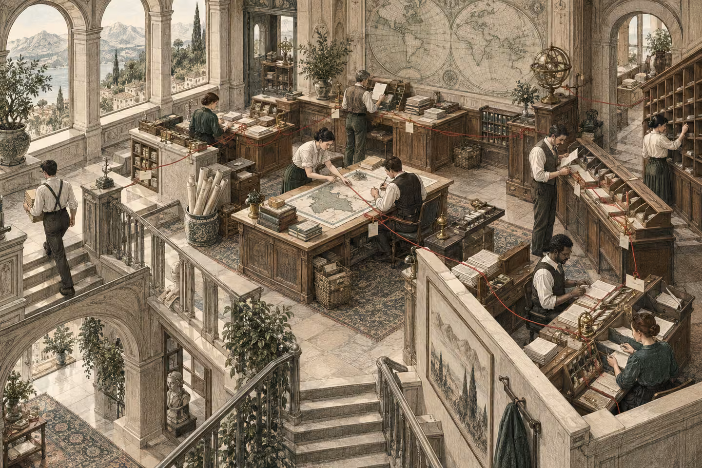 A cutaway of an operational control room built around people coordinating real requests