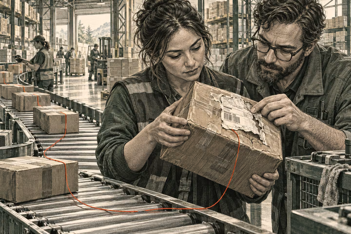 An operator and an engineer inspect a parcel exception beside a moving packing line