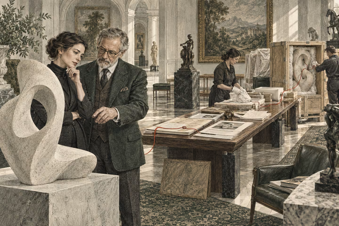 A curator and buyer inspect an artwork while the details of the transaction come together